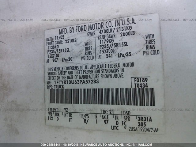 1FTYR10U63PA57283 - 2003 FORD RANGER WHITE photo 9