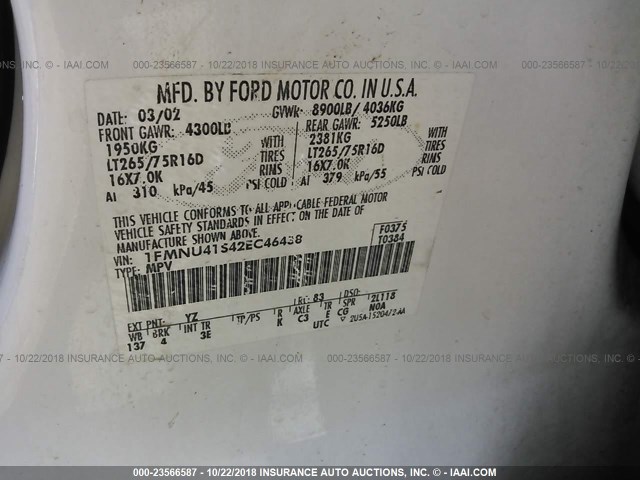 1FMNU41S42EC46438 - 2002 FORD EXCURSION XLT WHITE photo 9