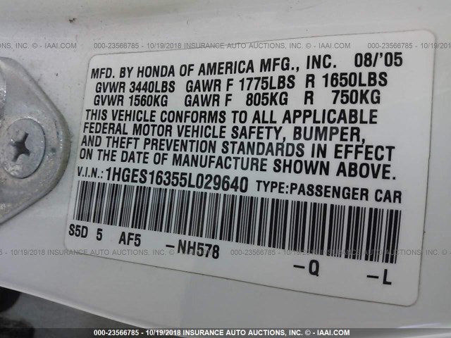 1HGES16355L029640 - 2005 HONDA CIVIC DX VP Ağ foto 9