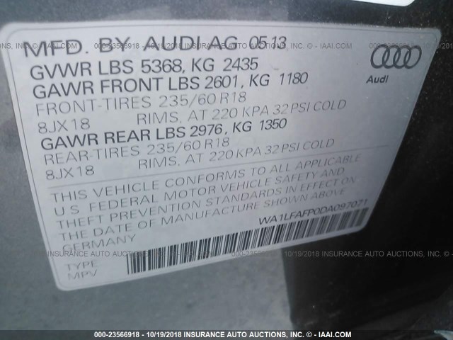 WA1LFAFP0DA097071 - 2013 AUDI Q5 PREMIUM PLUS GRAY photo 9