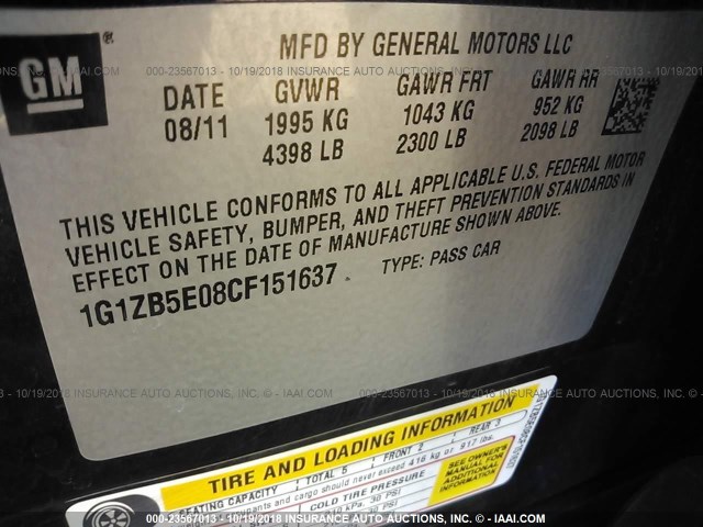 1G1ZB5E08CF151637 - 2012 CHEVROLET MALIBU LS 黑色 照片 9