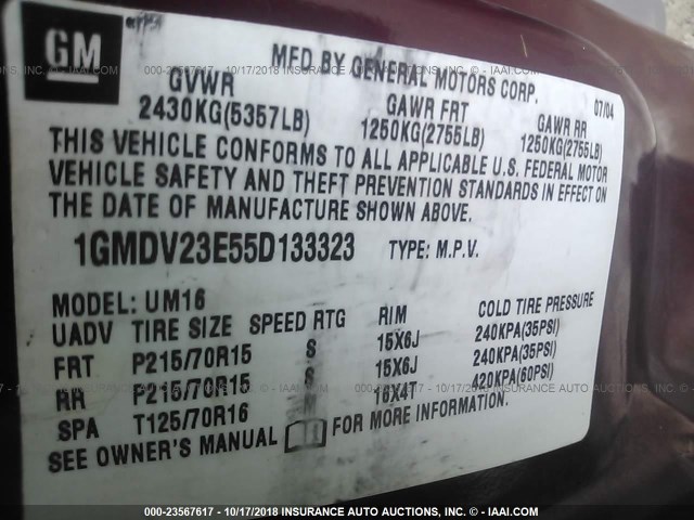 1GMDV23E55D133323 - 2005 PONTIAC MONTANA MAROON photo 9