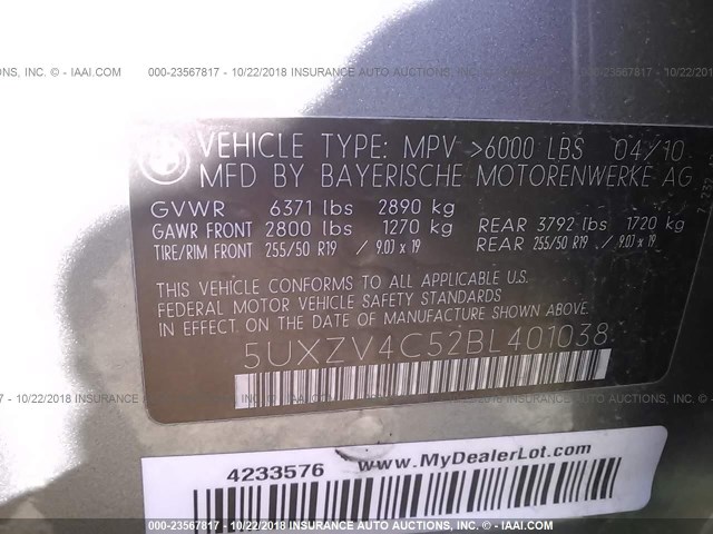 5UXZV4C52BL401038 - 2011 BMW X5 XDRIVE35I Boz foto 9