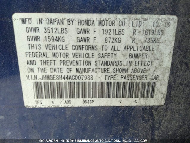 JHMGE8H44AC007988 - 2010 HONDA FIT SPORT BLUE photo 9