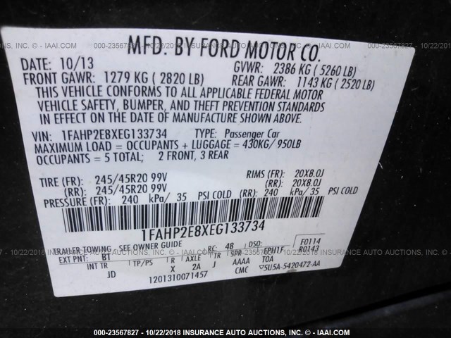 1FAHP2E8XEG133734 - 2014 FORD TAURUS SEL BLACK photo 9