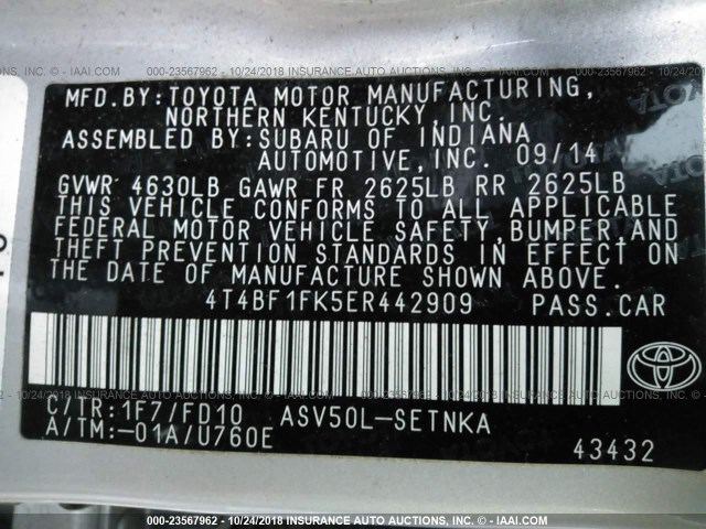 4T4BF1FK5ER442909 - 2014 TOYOTA CAMRY L/SE/LE/XLE SILVER photo 9