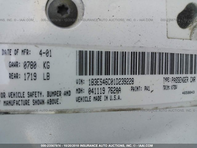 1B3ES46C01D239228 - 2001 DODGE NEON SE/ES WHITE photo 9