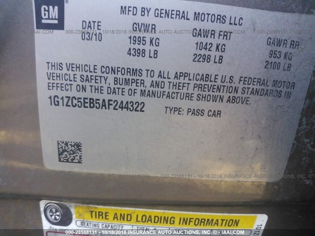 1G1ZC5EB5AF244322 - 2010 CHEVROLET MALIBU 1LT GRAY photo 9