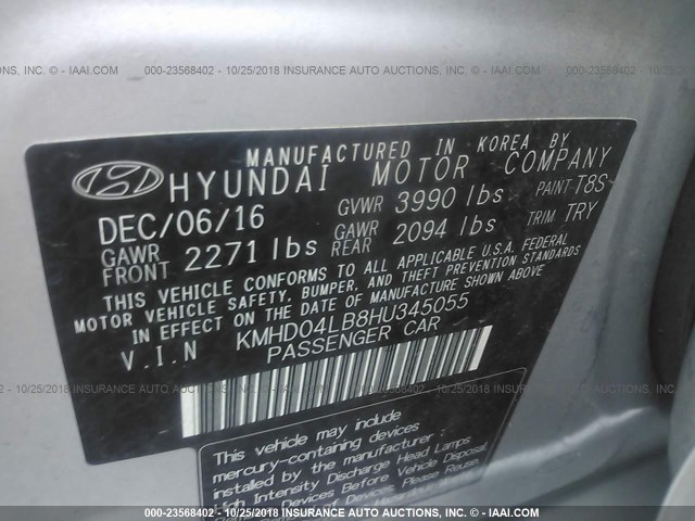 KMHD04LB8HU345055 - 2017 HYUNDAI ELANTRA SPORT SILVER photo 9