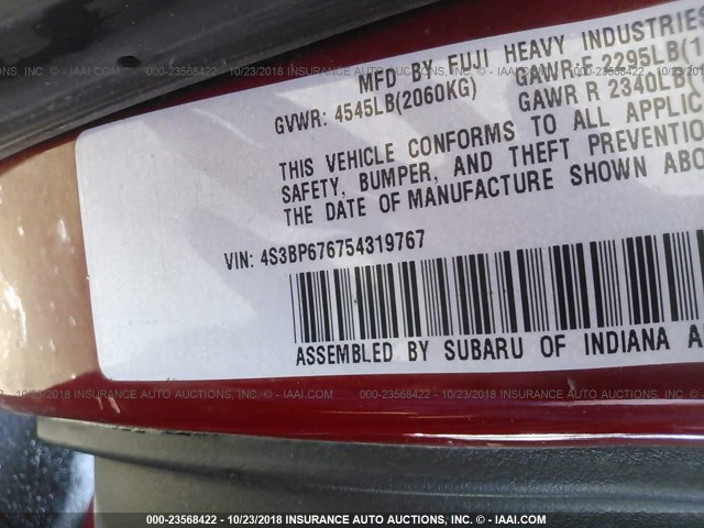 4S3BP676754319767 - 2005 SUBARU LEGACY GT LIMITED RED photo 9