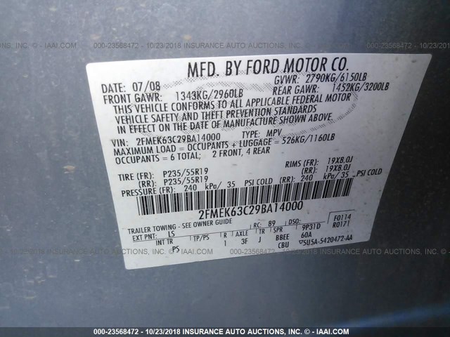 2FMEK63C29BA14000 - 2009 FORD FLEX LIMITED Light Blue photo 9