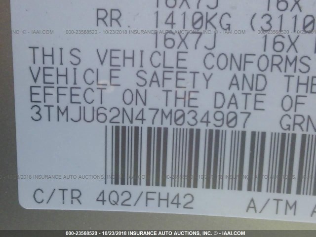 3TMJU62N47M034907 - 2007 TOYOTA TACOMA DOUBLE CAB PRERUNNER TAN photo 9