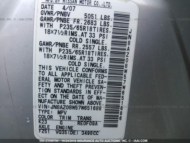 JN8AZ08W57W651686 - 2007 NISSAN MURANO SL/SE/S SILVER photo 9