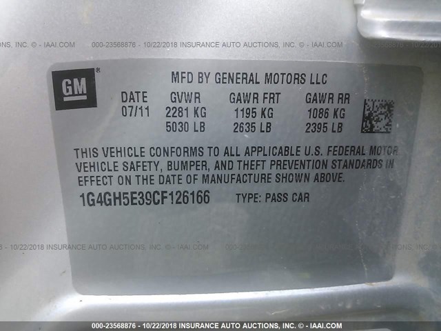 1G4GH5E39CF126166 - 2012 BUICK LACROSSE PREMIUM SILVER photo 9