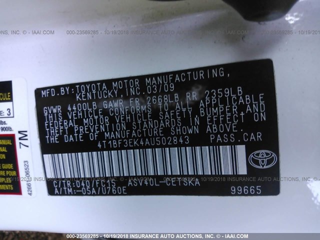 4T1BF3EK4AU502843 - 2010 TOYOTA CAMRY SE/LE/XLE WHITE photo 9