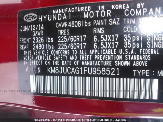 KM8JUCAG1FU958521 - 2015 HYUNDAI TUCSON LIMITED/SE RED photo 9