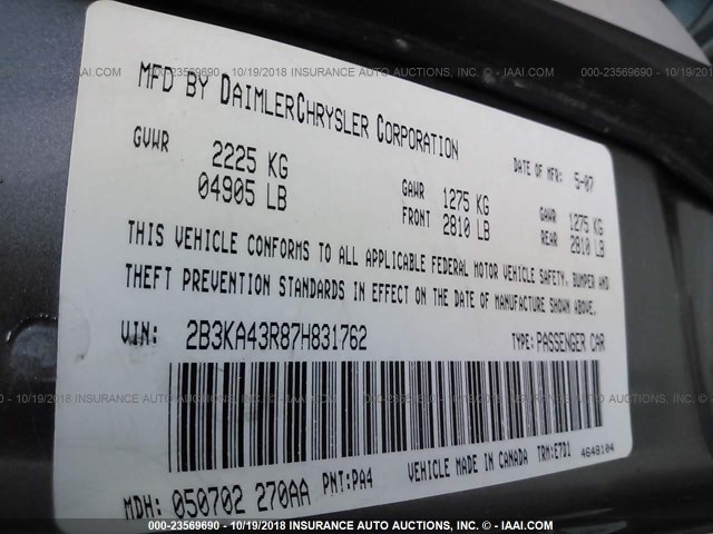 2B3KA43R87H831762 - 2007 DODGE CHARGER SE/SXT GRAY photo 9