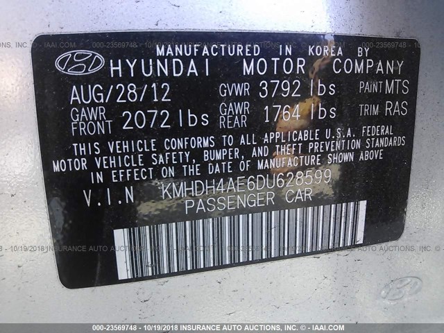 KMHDH4AE6DU628599 - 2013 HYUNDAI ELANTRA GLS/LIMITED SILVER photo 9