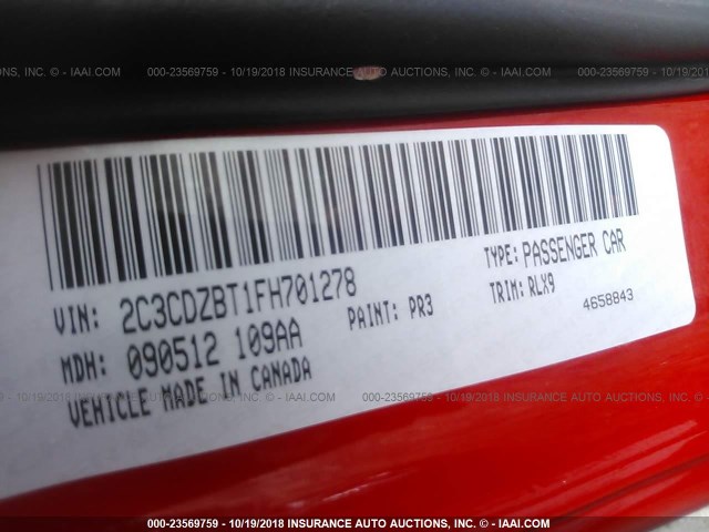 2C3CDZBT1FH701278 - 2015 DODGE CHALLENGER SXT PLUS RED photo 9