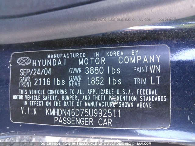 KMHDN46D75U992511 - 2005 HYUNDAI ELANTRA GLS/GT BLUE photo 9