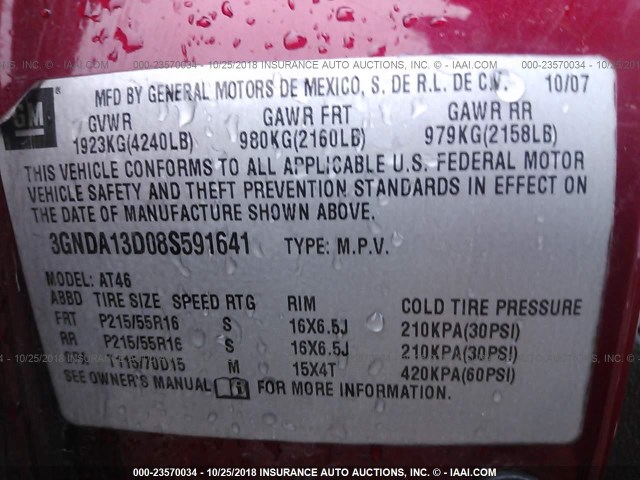 3GNDA13D08S591641 - 2008 CHEVROLET HHR LS Burdeos foto 9