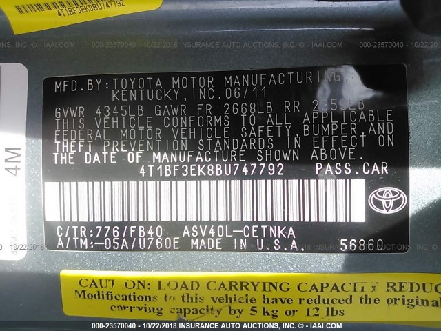 4T1BF3EK8BU747792 - 2011 TOYOTA CAMRY SE/LE/XLE TEAL photo 9