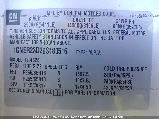 1GNER23D29S180516 - 2009 CHEVROLET TRAVERSE LT SILVER photo 9