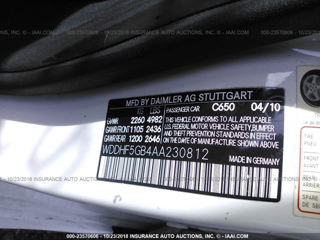 WDDHF5GB4AA230812 - 2010 MERCEDES-BENZ E 350 WHITE photo 9