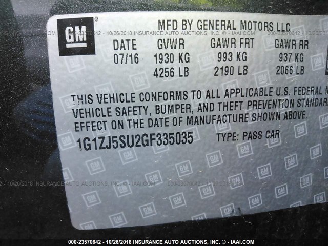 1G1ZJ5SU2GF335035 - 2016 CHEVROLET MALIBU HYBRID GRAY photo 9