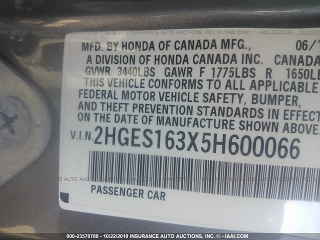 2HGES163X5H600066 - 2005 HONDA CIVIC DX VP SILVER photo 9