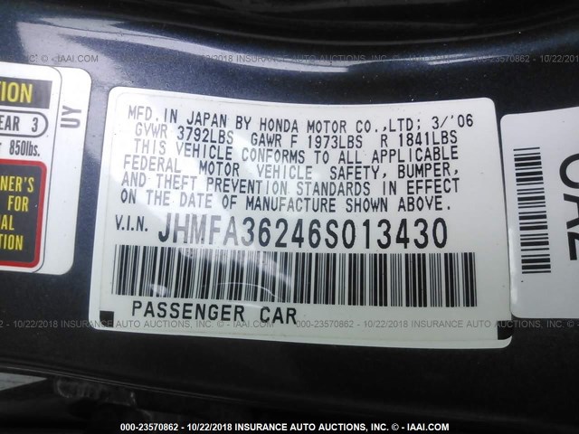 JHMFA36246S013430 - 2006 HONDA CIVIC HYBRID GRAY photo 9