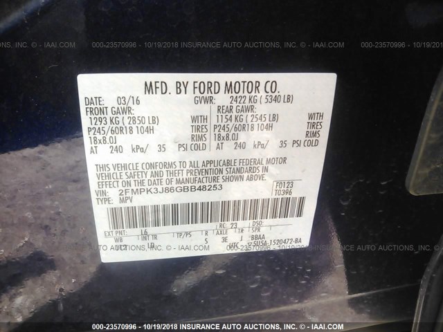 2FMPK3J86GBB48253 - 2016 FORD EDGE SEL BLUE photo 9