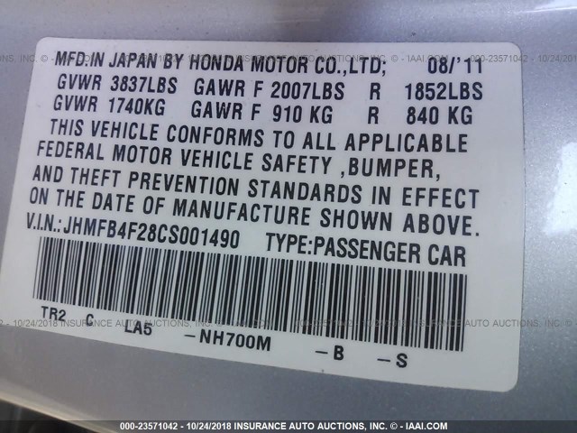 JHMFB4F28CS001490 - 2012 HONDA CIVIC HYBRID SILVER photo 9