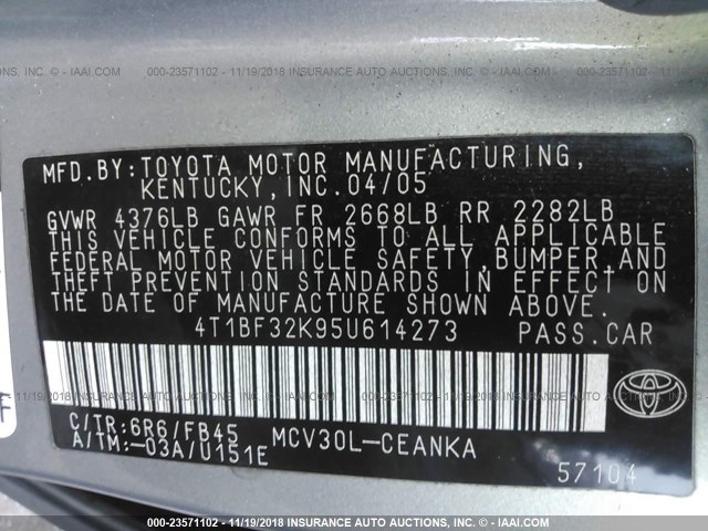 4T1BF32K95U614273 - 2005 TOYOTA CAMRY LE/XLE/SE GRAY photo 9