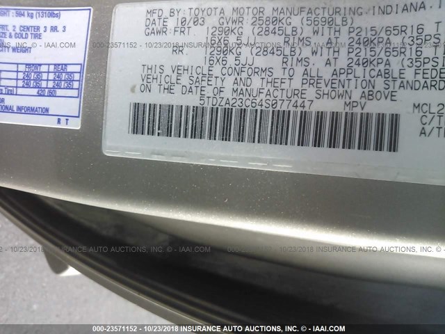 5TDZA23C64S077447 - 2004 TOYOTA SIENNA CE/LE GOLD photo 9