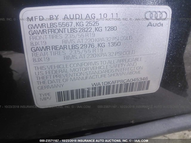 WA1DKAFP8CA045346 - 2012 AUDI Q5 PREMIUM PLUS GRAY photo 9