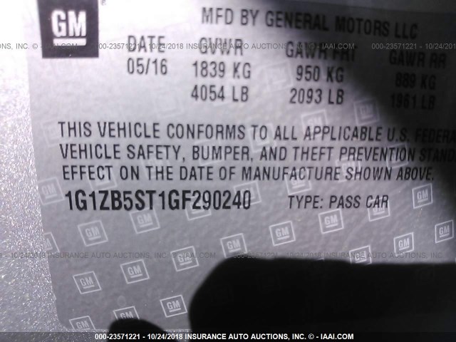 1G1ZB5ST1GF290240 - 2016 CHEVROLET MALIBU LS 银色 照片 9