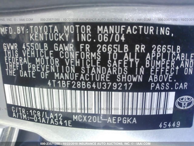 4T1BF28B64U379217 - 2004 TOYOTA AVALON XL/XLS SILVER photo 9