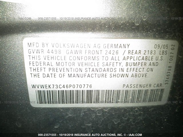 WVWEK73C46P070776 - 2006 VOLKSWAGEN PASSAT 2.0T LUXURY GRAY photo 9