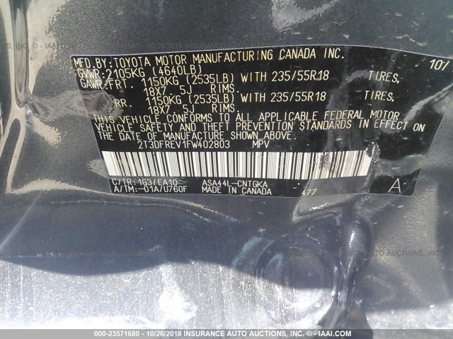 2T3DFREV1FW402803 - 2015 TOYOTA RAV4 LIMITED GRAY photo 9