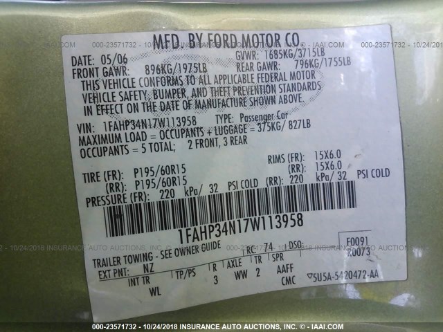 1FAHP34N17W113958 - 2007 FORD FOCUS ZX4/S/SE/SES 绿色 照片 9