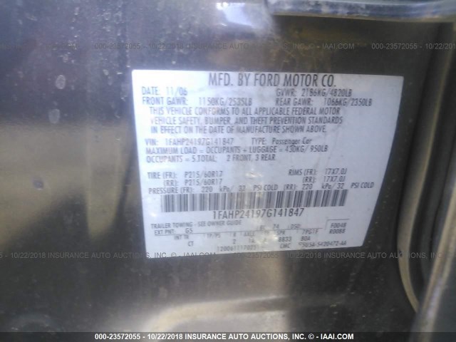 1FAHP24197G141847 - 2007 FORD FIVE HUNDRED SEL GRAY photo 9