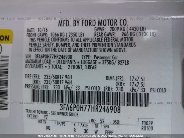 3FA6P0H77HR246908 - 2017 FORD FUSION SE WHITE photo 9