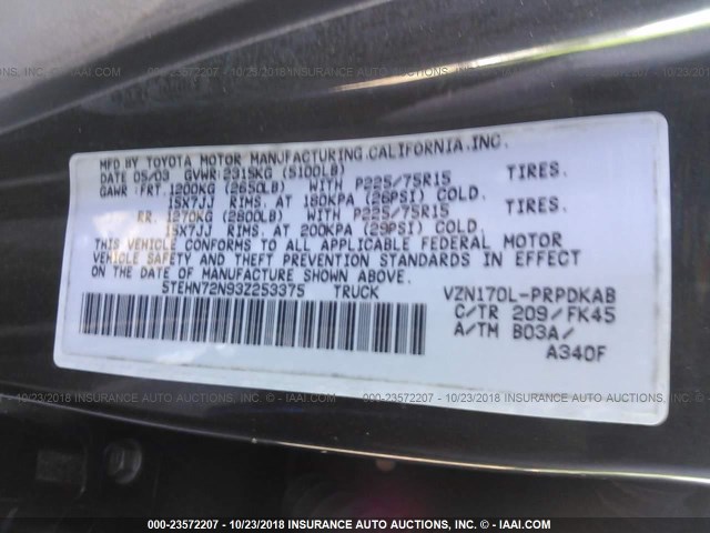 5TEHN72N93Z253375 - 2003 TOYOTA TACOMA DOUBLE CAB 黑色 照片 9