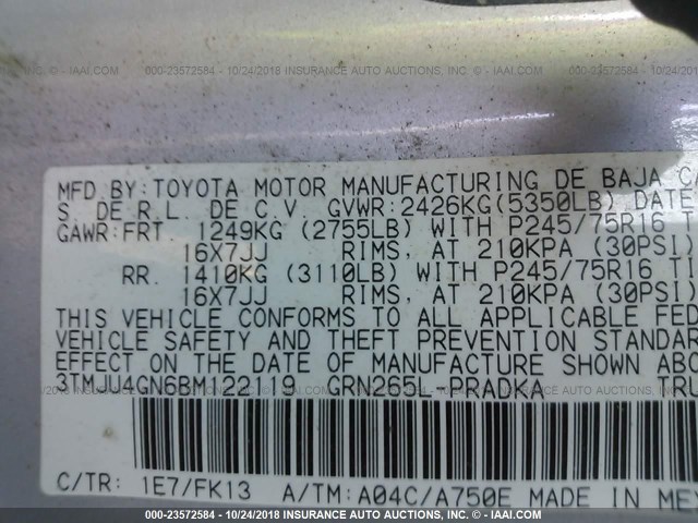 3TMJU4GN6BM122119 - 2011 TOYOTA TACOMA DOUBLE CAB PRERUNNER SILVER photo 9