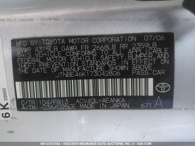 JTNBE46K173042806 - 2007 TOYOTA CAMRY NEW GENERAT CE/LE/XLE/SE SILVER photo 9