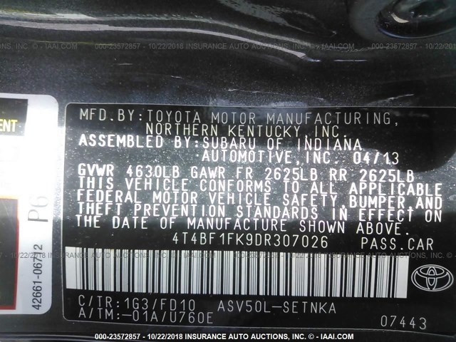 4T4BF1FK9DR307026 - 2013 TOYOTA CAMRY L/SE/LE/XLE Boz foto 9