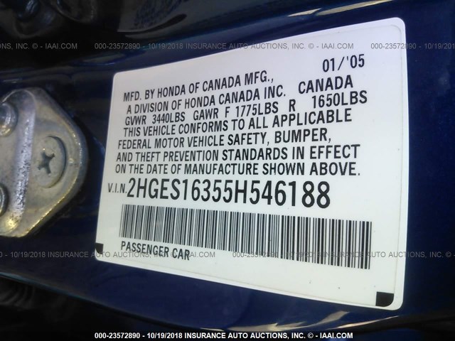 2HGES16355H546188 - 2005 HONDA CIVIC DX VP Mavi foto 9