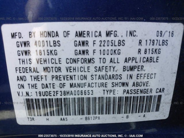 19UDE2F38HA006653 - 2017 ACURA ILX WATCH PLUS BLUE photo 9