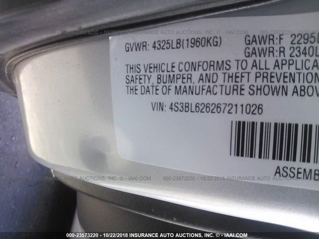 4S3BL626267211026 - 2006 SUBARU LEGACY 2.5I LIMITED SILVER photo 9